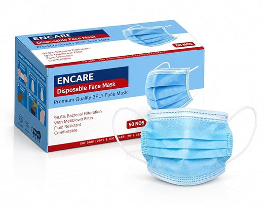 Encare Disposable 3 Ply Face Mask | Breathable Non-Woven Mask | Dust Protection Face Cover with Nose Clip & Soft Ear Loops | Daily Use for Travel, Office & Workplace