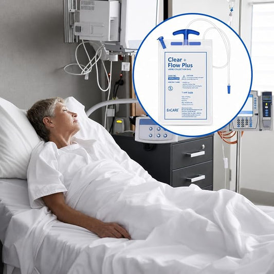EnCARE Clear Flow Plus Urine Collection Bag 2000 mL | Sterile EO | Kink-Resistant Tubing | Anti-Reflux Non-Return Valve | Leak-Resistant Drainage Bag | Disposable Medical Urine Bag